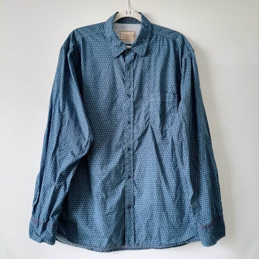 Vintage Italia Mens Blue Long Sleeve Collared Button Up Printed Shirt Size XXL